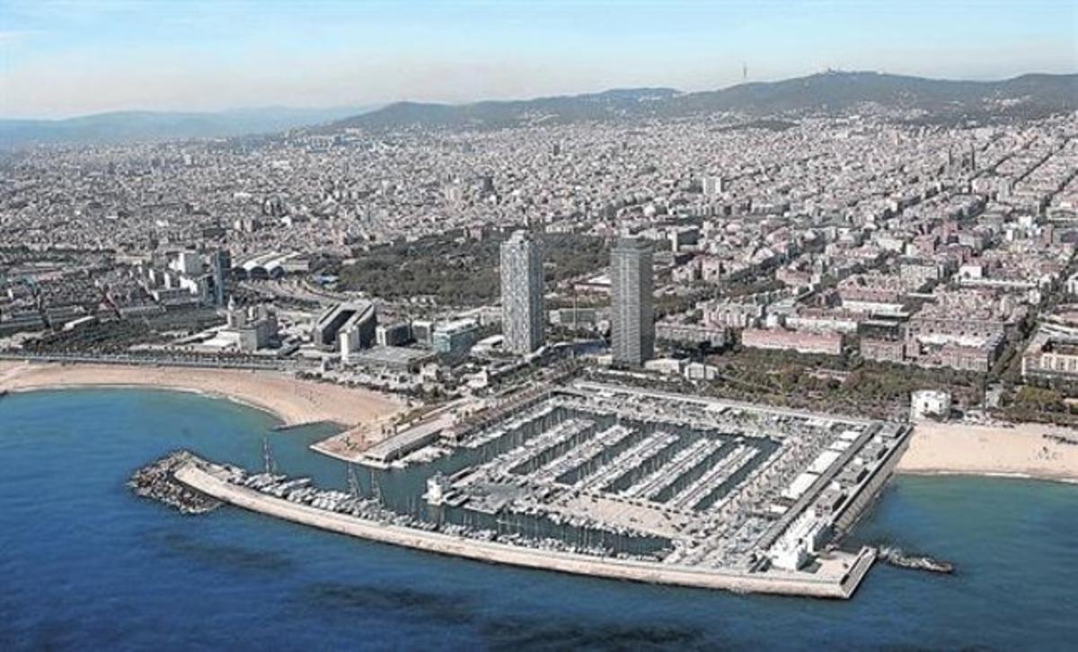 El Port Olímpic. Vista aérea de la costa catalana. .