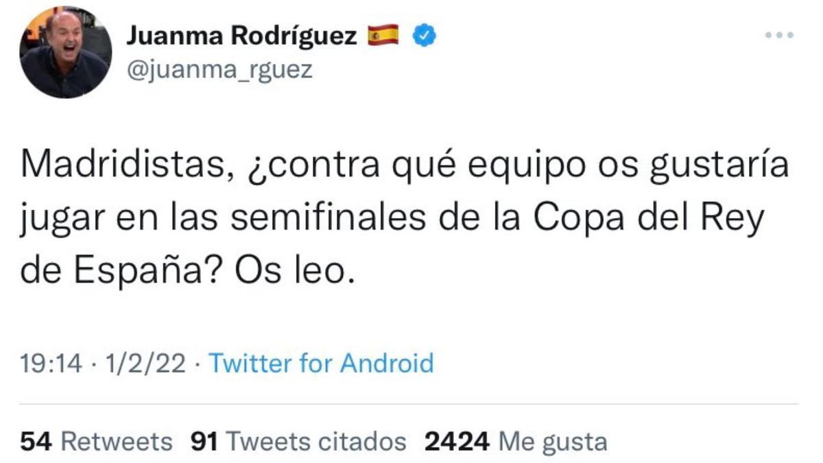 El polémico tweet de Juanma Rodríguez tras el KO del Madrid en la Copa del Rey