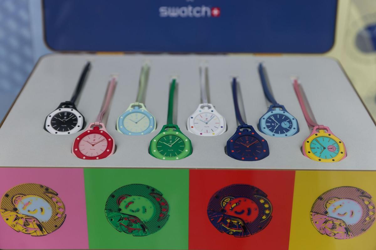 Swatch x Audemars Piguet Royal Pop watches on display at a Swatch Group AG store in Times Square in New York, US, on Thursday, May 14, 2026. Swatch Group AG is launching its first-ever collaboration with a rival watchmaker, teaming up with ultra high-end competitor Audemars Piguet, and fans are already lining up five days ahead of its sale date. Photographer: Michael Nagle/Bloomberg