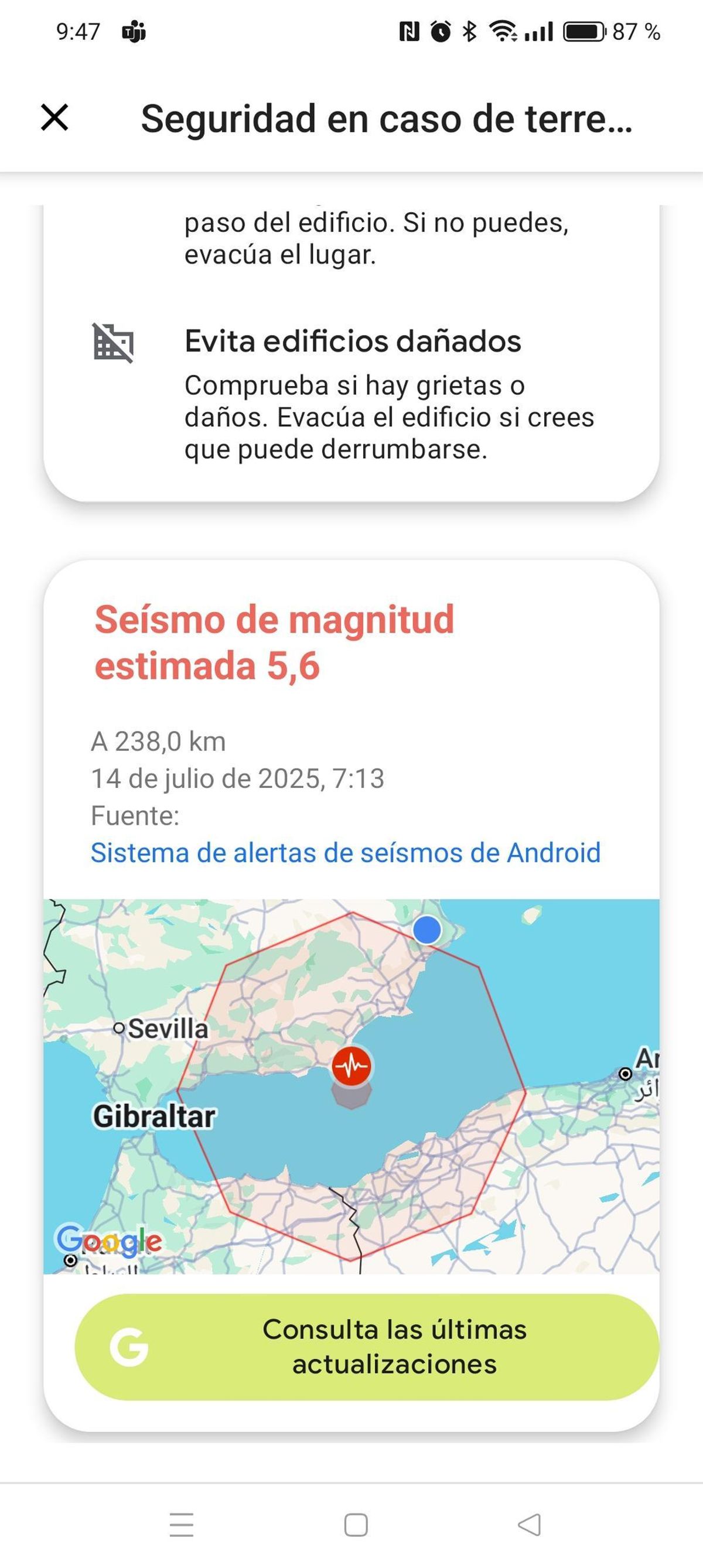 Alerta de emergencia por el seísmo en Almería en un dispositivo Android