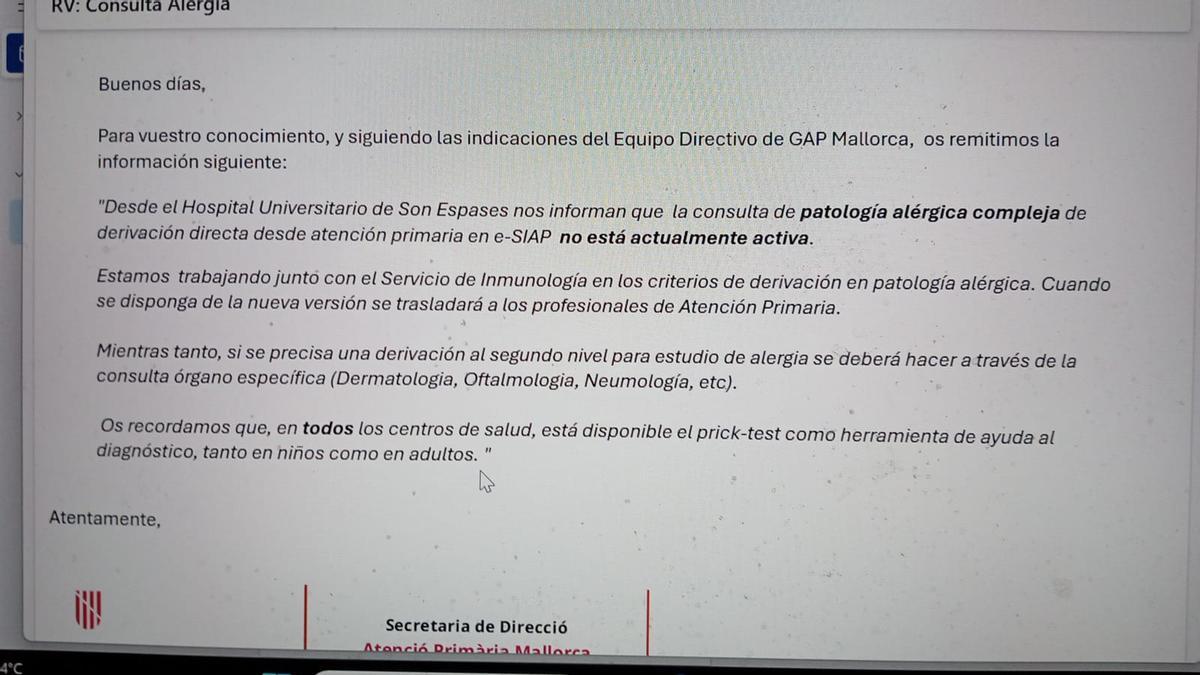 Instrucción remitida por la Gerencia de Atención Primaria de Mallorca a sus médicos el pasado 6 de marzo.