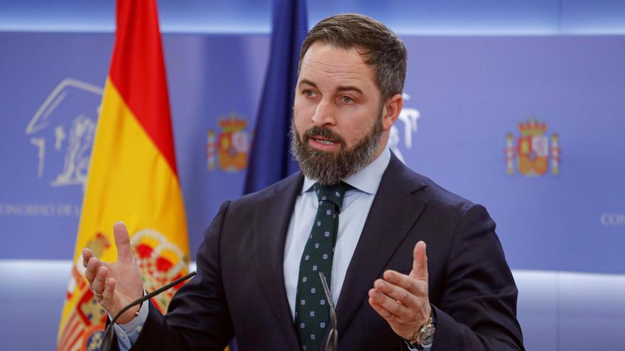 Santiago Abascal, líder de Vox, en una rueda de prensa en el Congreso.