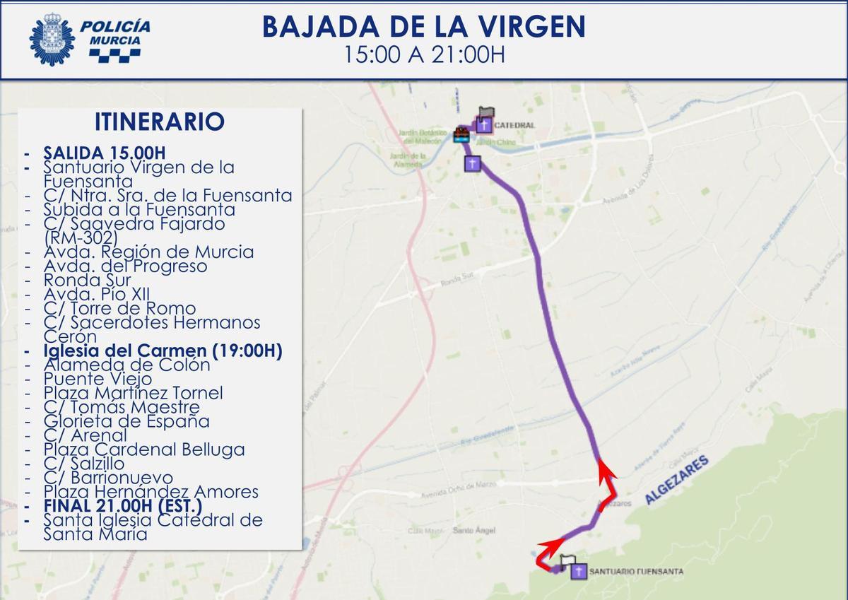 Recorrido de la romería de bajada de la Virgen de la Fuensanta.