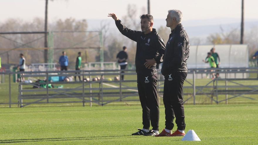 Iván Ania conversa con César Negredo, segundo entrenador blanquiverde, durante una sesión de esta semana.