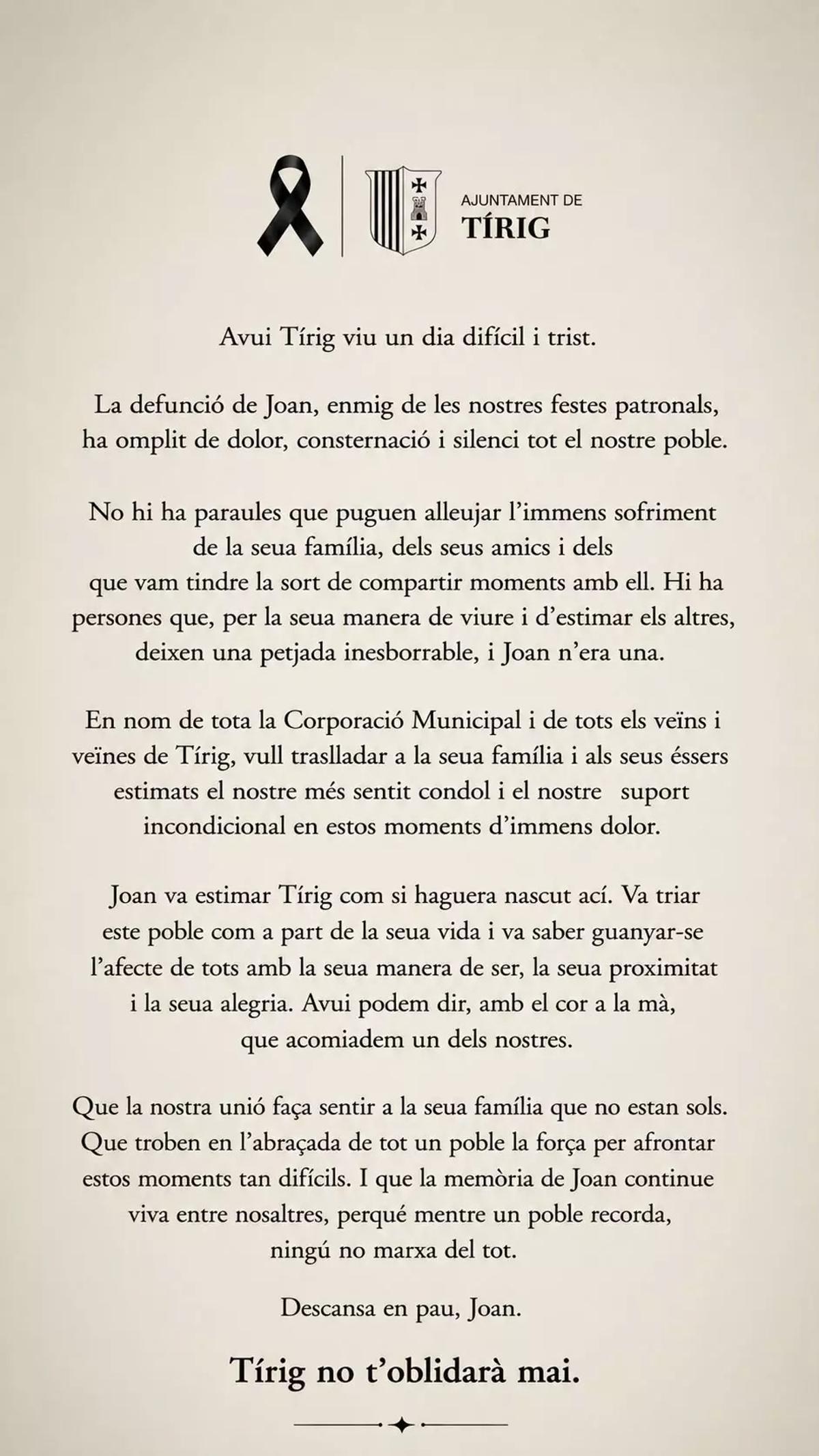 El  comunicat de l'Ajuntament de Tírig per la mort del jove