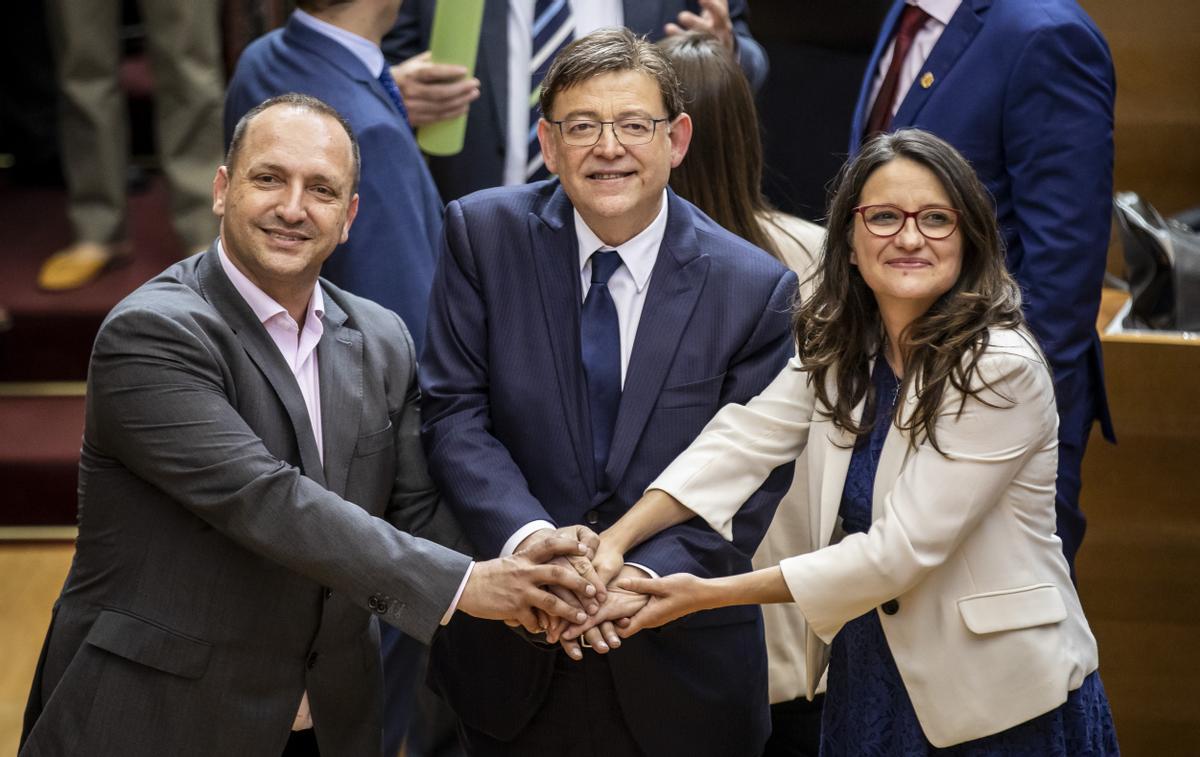 Rubén Martínez Dalmau (Unides Podem), Ximo Puig (PSPV) y Mónica Oltra (Compromís) sellaron el Pacto del Botánic en 2019
