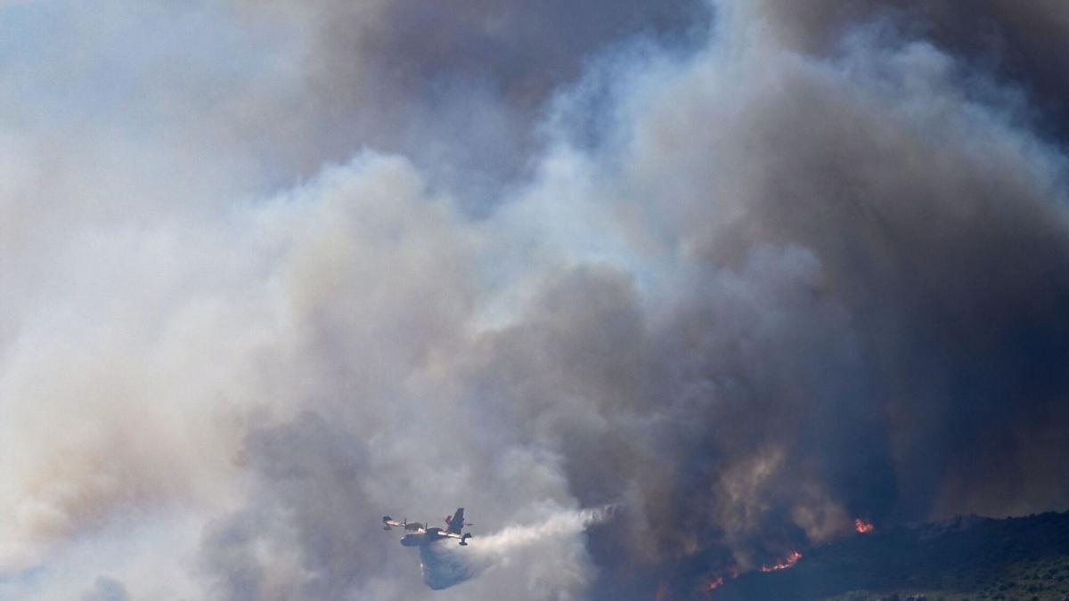 Un hidroavión lanza agua sobre el incendio en el departamento francés de los Pirineos Orientales, este sábado