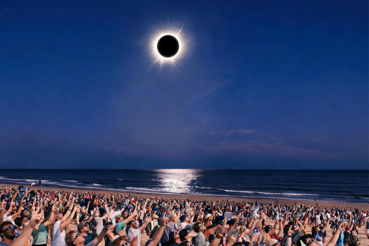 Cientos de espectadores disfrutan de un eclipse en la playa en una imagen generada por IA.