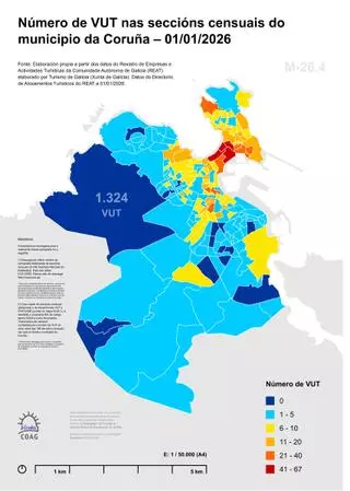 Estos son los cuatro barrios de A Coruña en los que habría que prohibir nuevos pisos turísticos, siguiendo el criterio del Concello