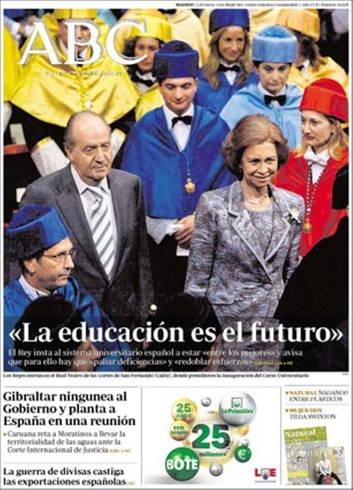 ’Abc’ també dóna canxa a l’interior a la informació que militars han convocat per demà una concentració de protesta a Madrid contra les lleis que impulsa la ministra de Defensa, Carme Chacón, i també que Al-Jazira s’ha querellat contra el Govern del Marroc perquè rebutja acreditar dos reporters de la televisió qatariana.