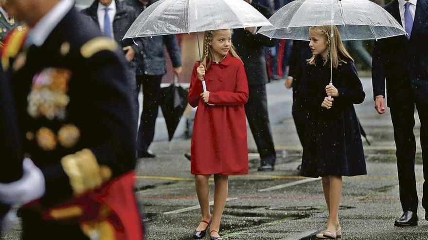 La Princesa de Asturias, Leonor de Borbón, a la derecha, y su hermana Sofía, protegiéndose de la lluvia con los paraguas en el desfile de la Fiesta Nacional el año pasado.