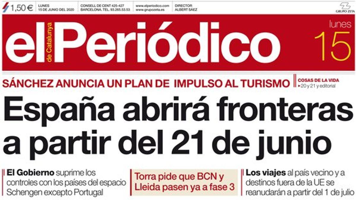 La portada de EL PERIÓDICO del 15 de junio del 2020.