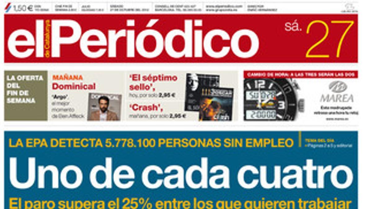 La portada de EL PERIÓDICO de este sábado 27-10-2012.