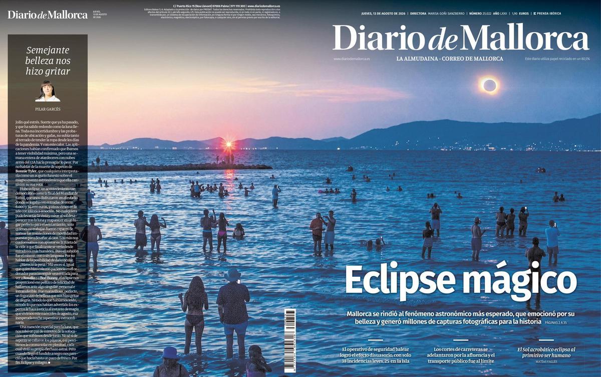 Portada de Diario de Mallorca en papel del 13 de agosto de 2026