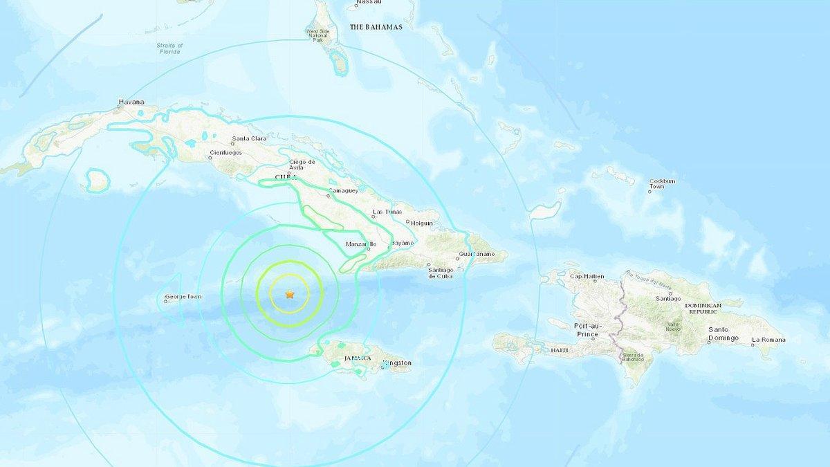 Fotograma tomado del Servicio Geológico de EEUU que muestra el mapa interactivo de la incidencia de un terremoto de magnitud 7,7, este martes a 120 kilómetros del extremo noroeste de Jamaica y 80 kilómetros del sudeste de Cuba el 28 de enero del 2020