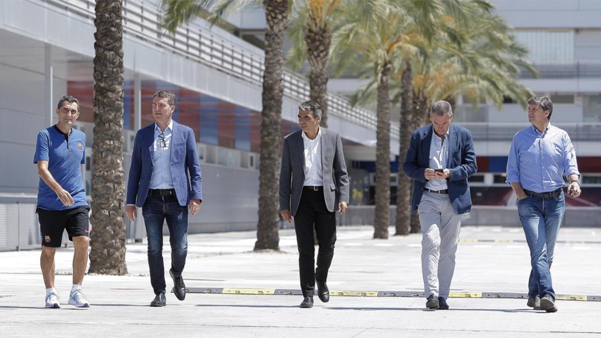 Ernesto Valverde, Robert Fernández,  Albert Soler Pep Segura y Urbano Ortega, responsables técnicos del fútbol profesional blaugrana