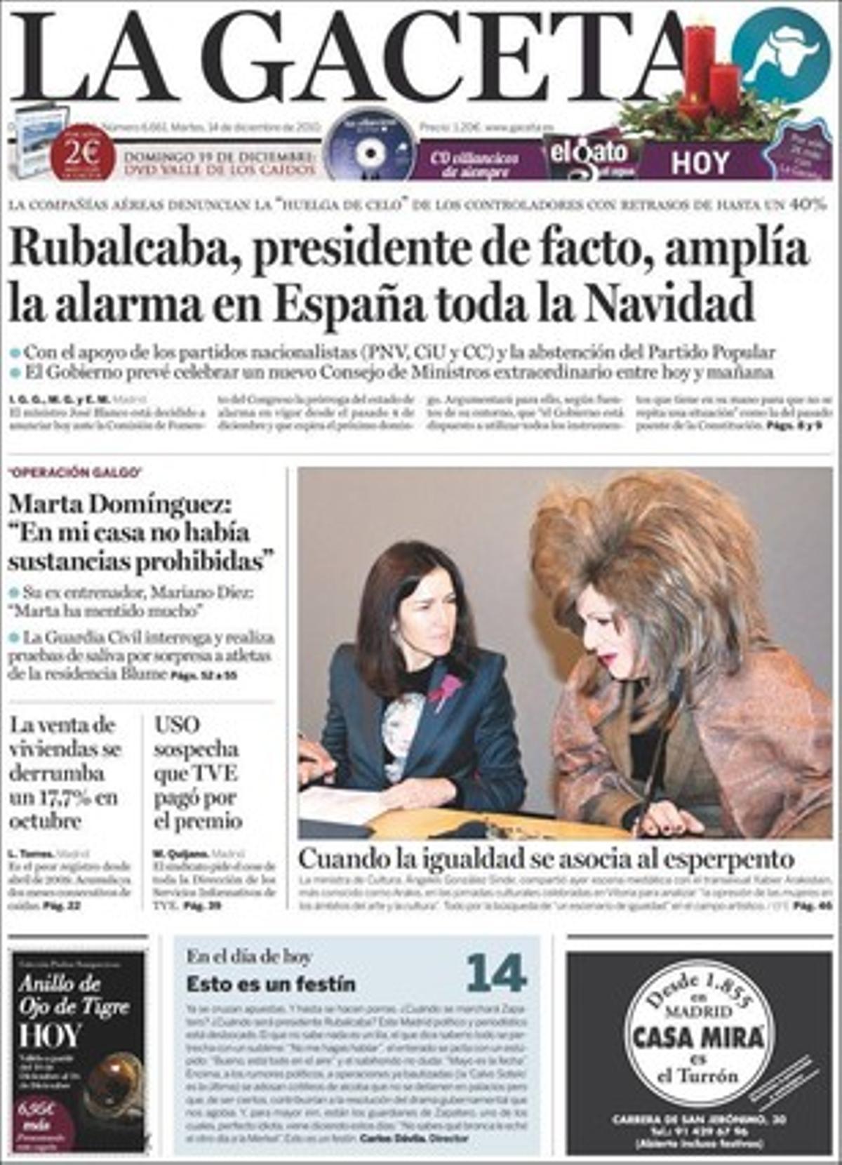 ’La Gaceta’ ressalta a més a les pàgines interiors que el CGPJ dóna permís ’sine die’ a Baltasar Garzón per seguir treballant al Tribunal de l’Haia i que un espanyol, Sebastián Martínez Ferraté, fa cinc mesos que és en una presó cubana per a estrangers per diversos reportatges crítics amb el règim.