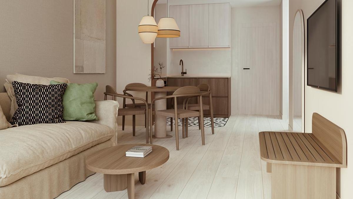 Recreación del interior de un apartamento del Core Suites Azor, que abrirá en Benicàssim a finales de este 2026.