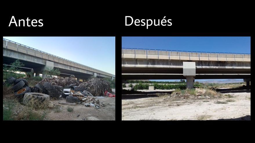 Carreteras retira toneladas de residuos que cubrían el cauce de la rambla de Abanilla bajo el puente de la autovía Alicante-Murcia