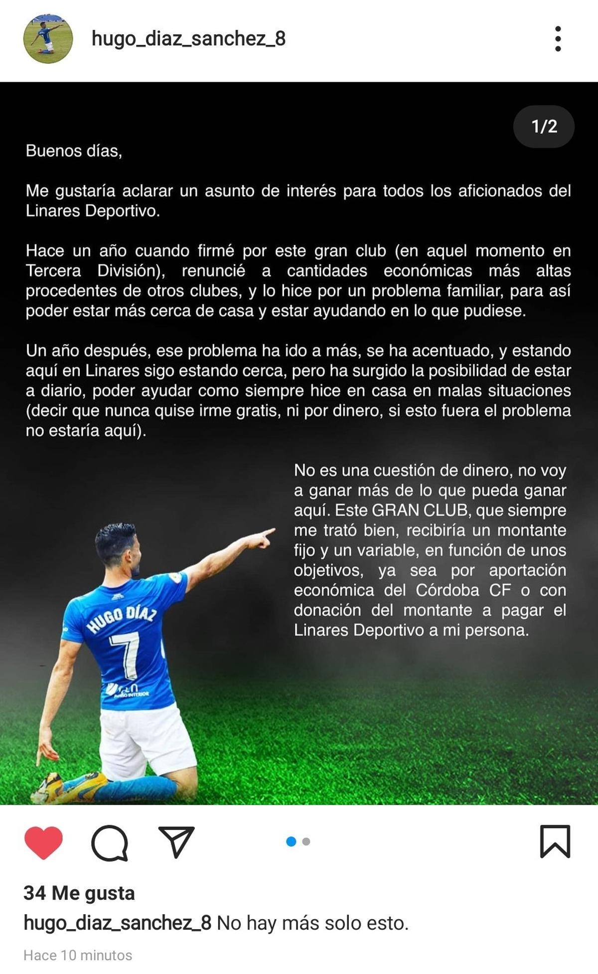 Mensaje de Hugo Díaz en redes sociales, este jueves, confirmando su llegada al Córdoba CF.
