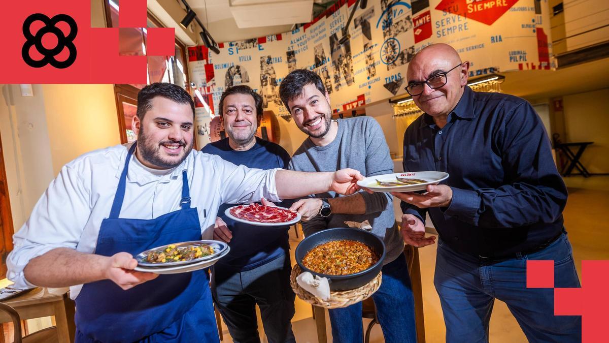 Carlos Allué, José Varela, Joan Manubens y Joan Cales Ninou, con varios platos de Galante.
