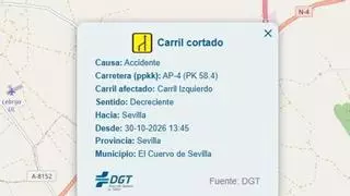 Un accidente en la AP-4 a la altura de El Cuervo provoca retenciones de más de 5 kilómetros en dirección a Sevilla