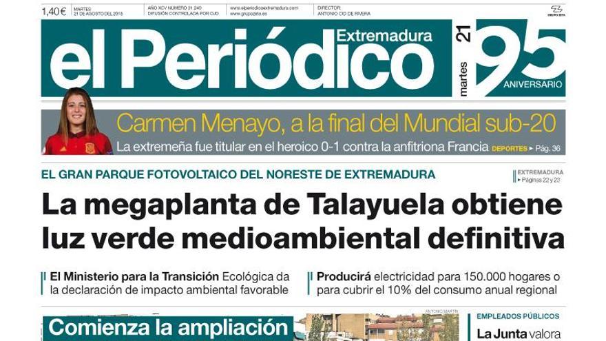 Esta es la portada de EL PERIÓDICO EXTREMADURA correspondiente al día 21 de agosto del 2018