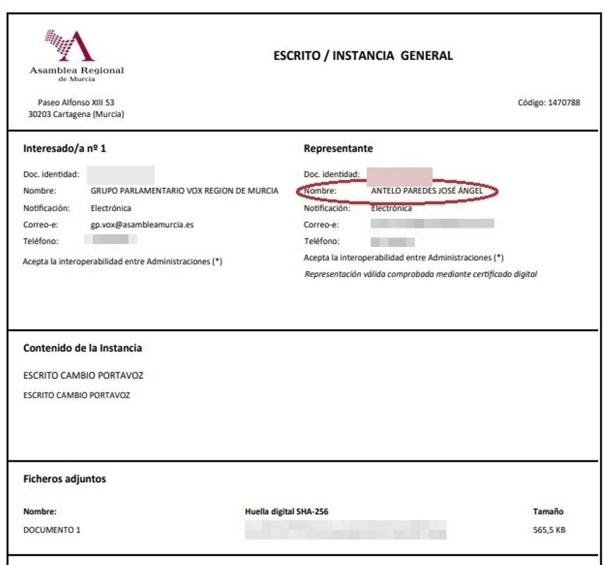 El escrito presentado con los datos de Antelo para cambiar la portavocía del Grupo Parlamentario y que él alega que no ha firmado.
