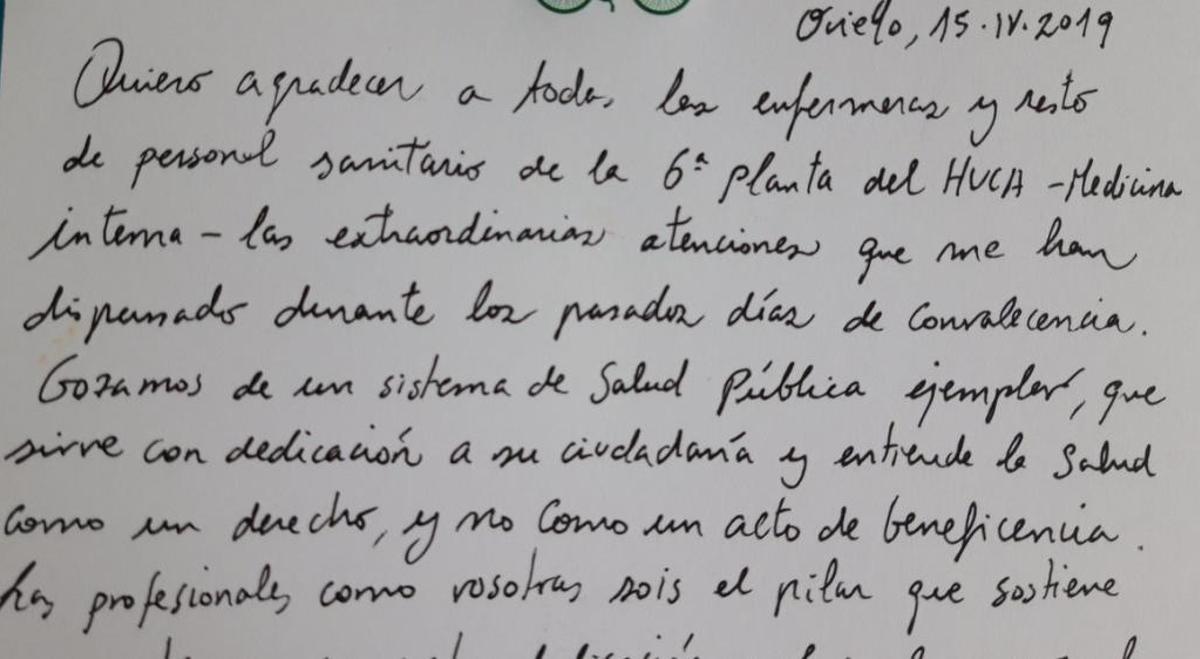 El emotivo agradecimiento de un paciente al servicio de Medicina Interna de un hospital de Asturias