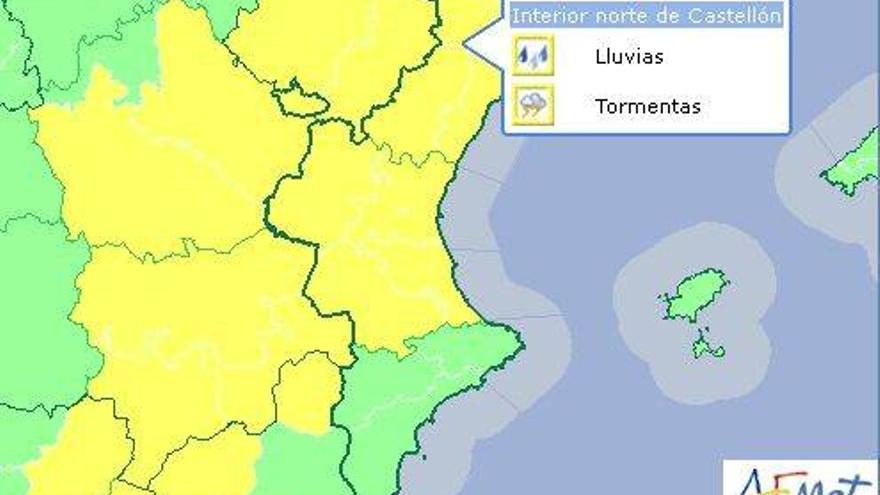 Alerta amarilla por fuertes lluvias hoy en Castellón