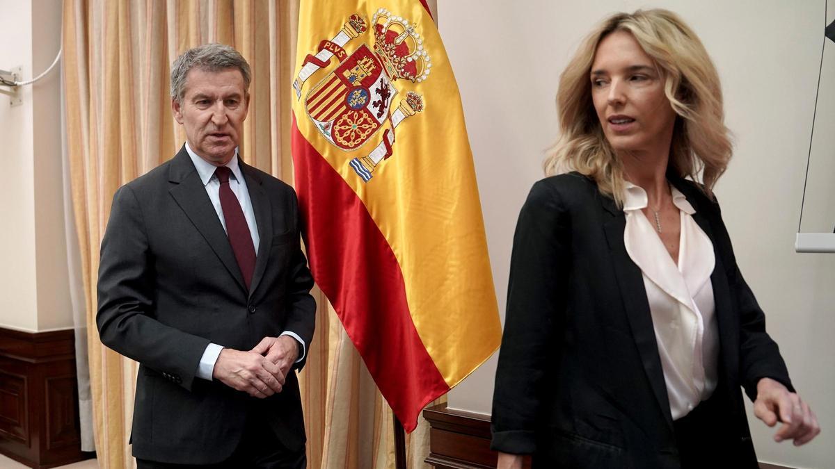 El presidente del PP, Alberto Núñez Feijóo, y su portavoz adjunta, Cayetana Álvarez de Toledo, tras una sesión de control al Gobierno en el Congreso.