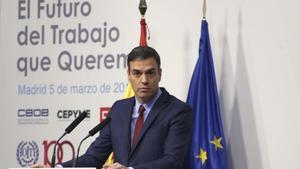 El presidente del Gobierno, Pedro Sánchez, en la inauguración de la II Conferencia Nacional Tripartita. 