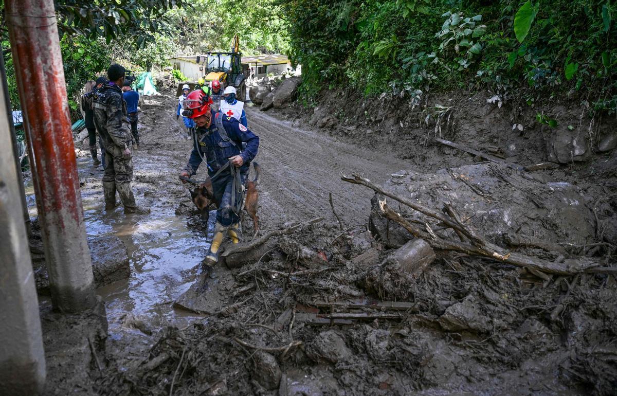 Equipos de rescate trabajan buscan desaparecidos tras una avalancha en Quetame, Colombia