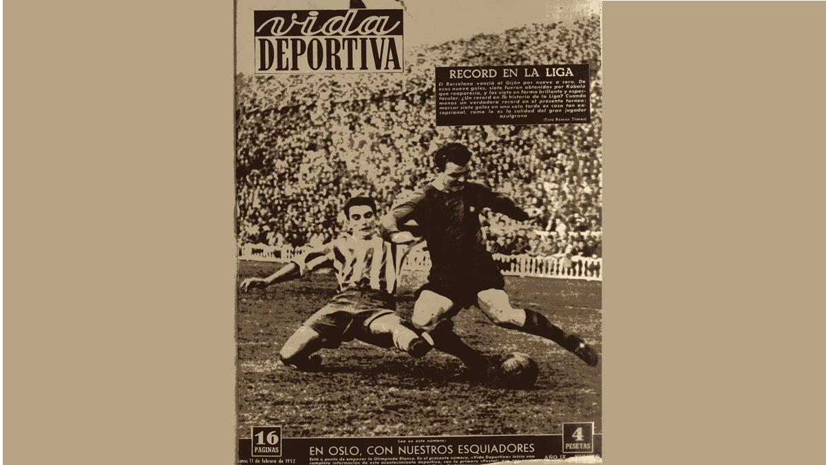 El semanario Vida Deportiva escogió esta imagen de Kubala para ilustrar la portada del 11 de febrero de 1952. El récord del delantero húngaro, 70 años después, sigue vigente en la historia liguera del equipo barcelonista