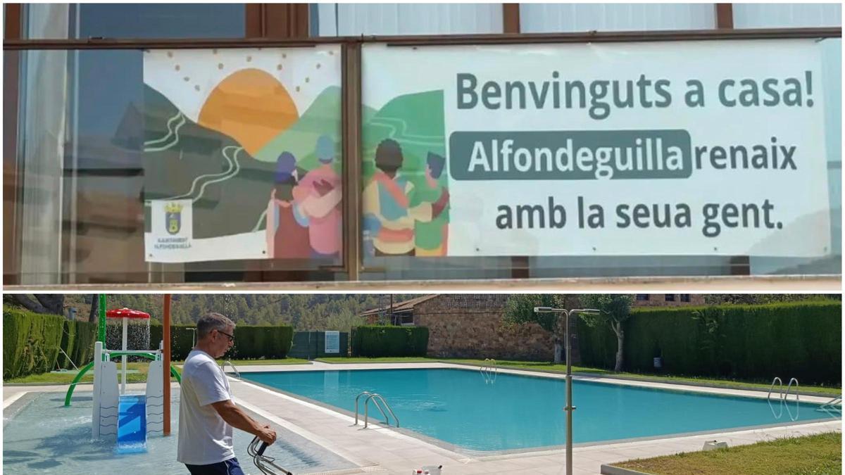 La pancarta que recibe a los vecinos de Alfondeguilla y los trabajos para reabrir la piscina.