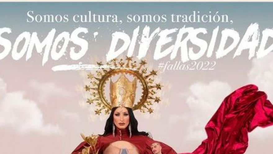 El cartel de la discoteca donde se representa a la patrona de València y la Ofrenda de Flores.