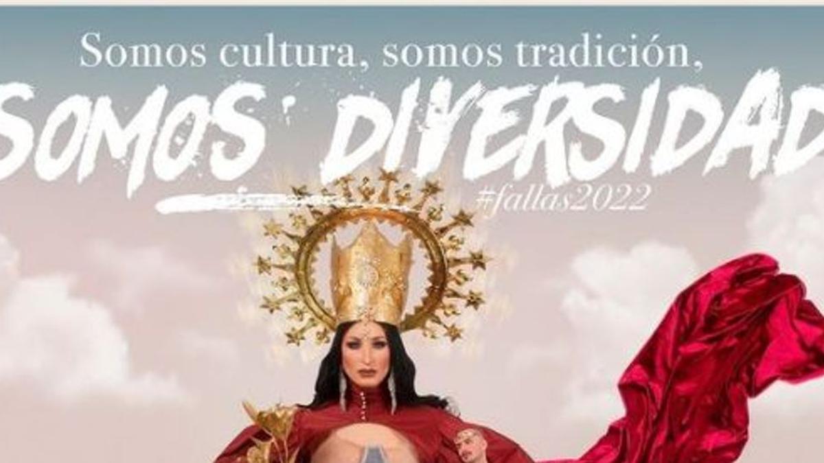 El cartel de la discoteca donde se representa a la patrona de València y la Ofrenda de Flores.