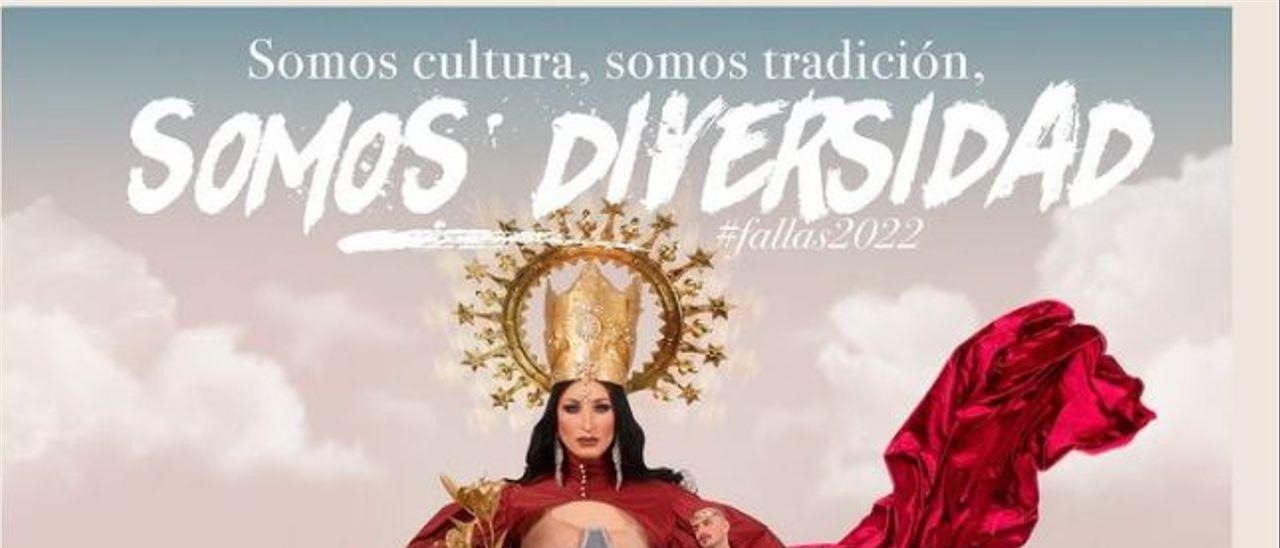 El cartel de la discoteca donde se representa a la patrona de València y la Ofrenda de Flores.