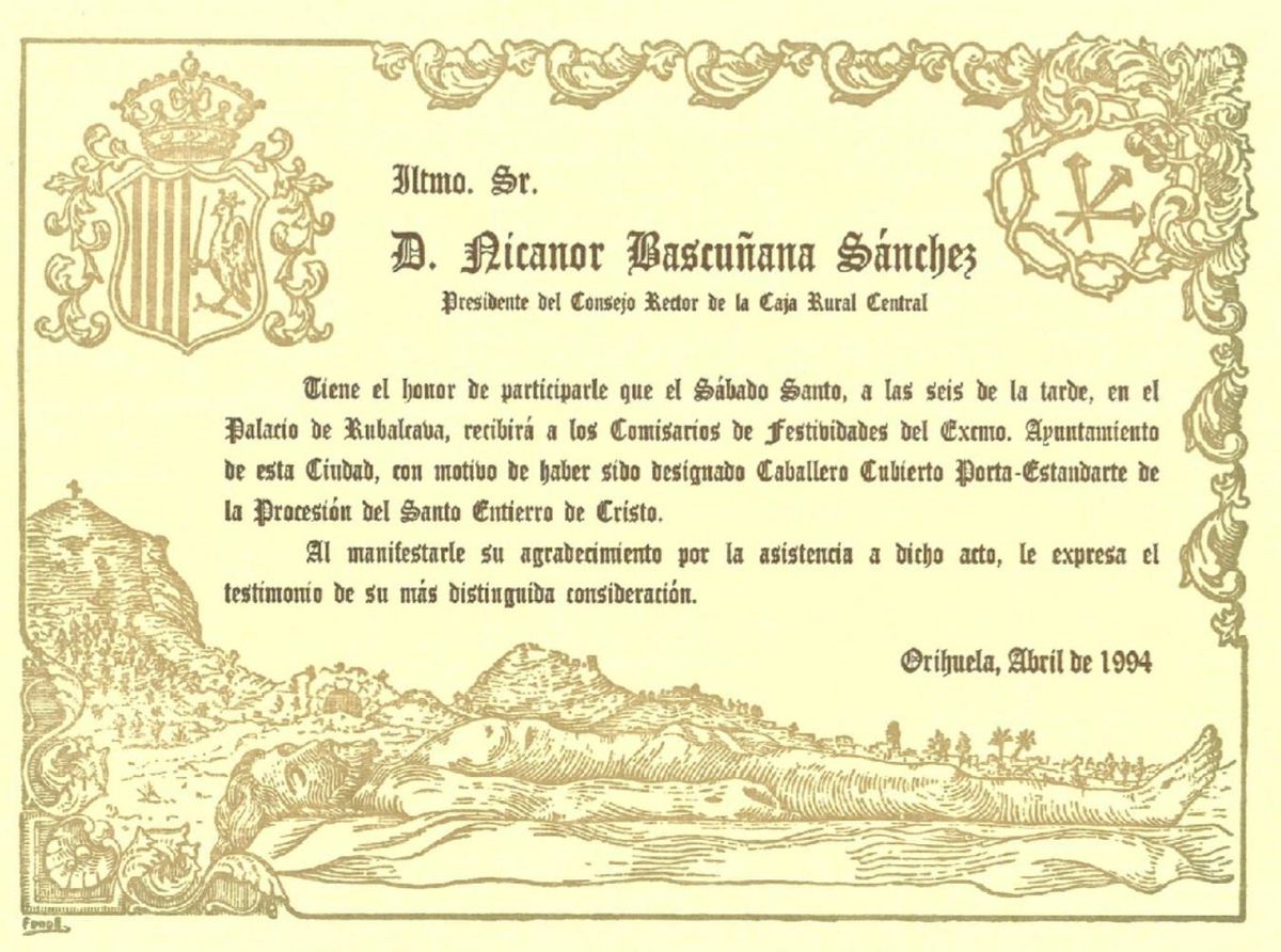Invitación de Nicanor Bascuñana a su recepción como Caballero Cubierto en 1994