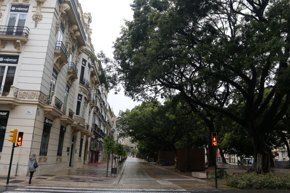 Pasan los días de confinamiento y la situación de la ciudad sigue siendo desértica. La siempre frecuentada calle Larios, la Alameda, principal vía de tráfico tanto privado como público del centro de la ciudad, y el bullicioso mercado de Atarazanas presentan durante el estado de alarma provocado por la pandemia de coronavirus una imagen inusual, acentuada por la persistente lluvia de esta semana.