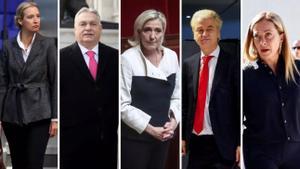 combo de cinco líderes de la extrema derecha europea: Giorgia Meloni, Viktor Orbán, Marine Le Pen, Geert Wilders y Alice Weidel.