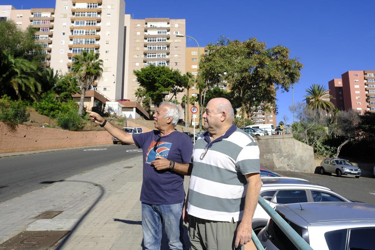 Los vecinos Agustín Navarro y Jacinto Vega señalan a uno de los parterres donde anidan las aves.