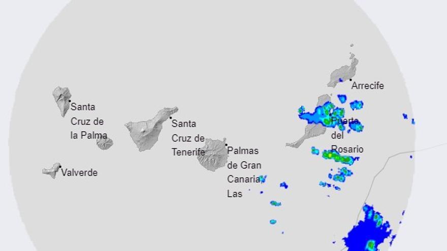 La tormenta sobre Puerto del Rosario en el radar de la Aemet.