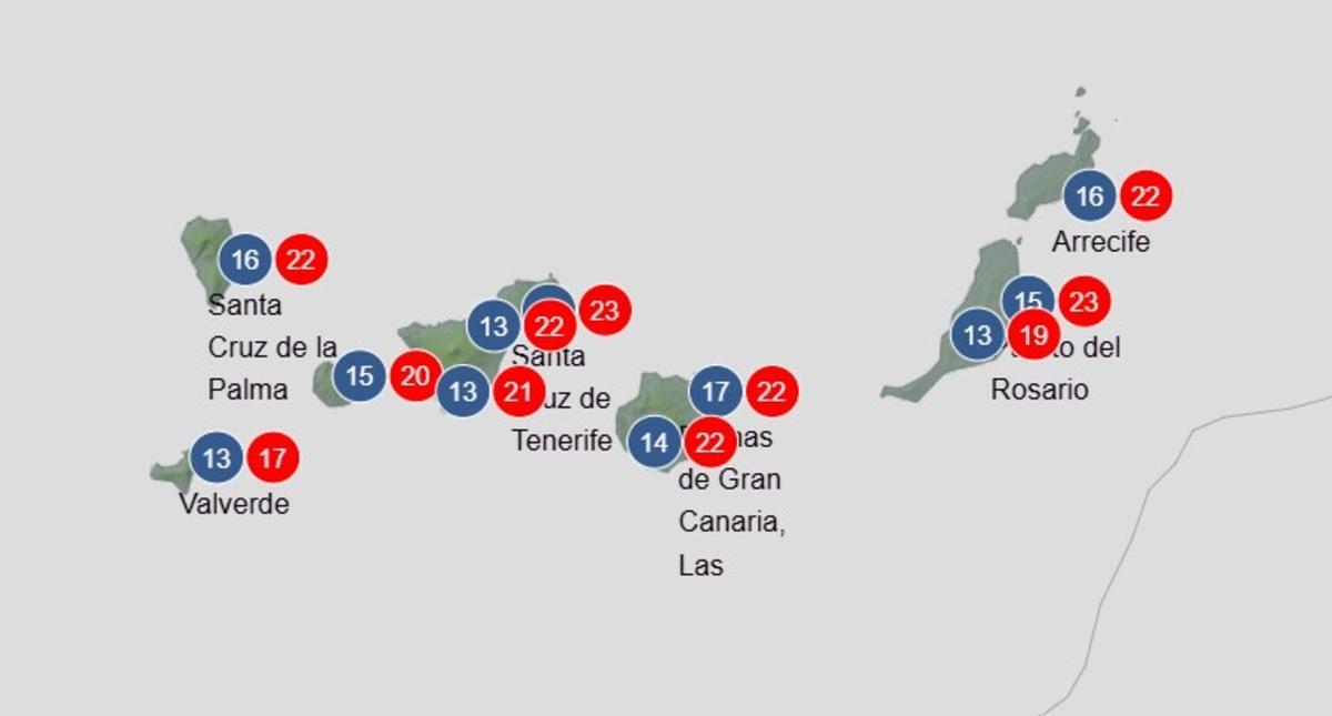 Temperaturas mínimas y máximas previstas en Canarias para el martes 27 de enero de 2026.
