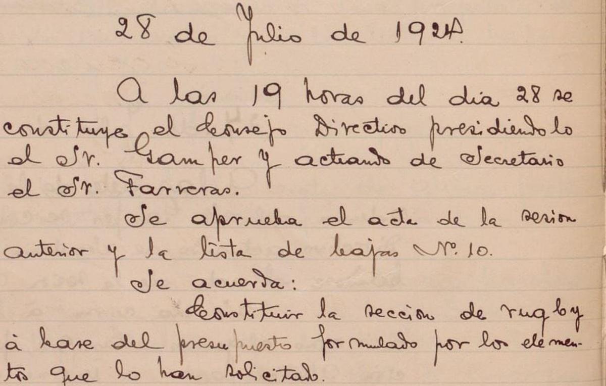 Constitución de la sección de Rugby del Barça, el 28 de julio de 1924