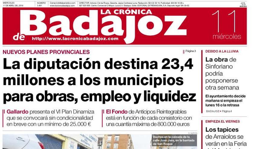 Esta es la portada de LA CRÓNICA DE BADAJOZ correspondiente al día 11 de abril del 2018