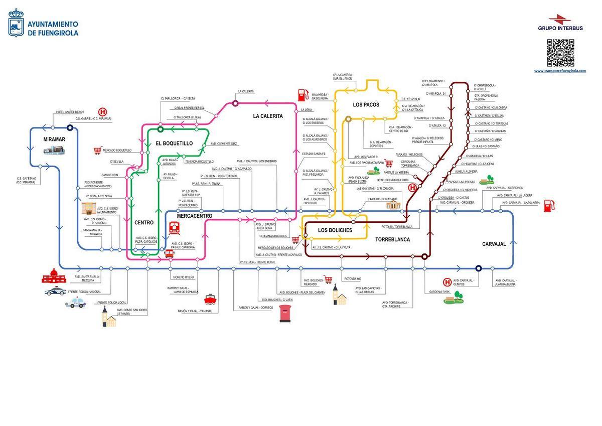 Plano de las líneas de autobús urbano de Fuengirola.