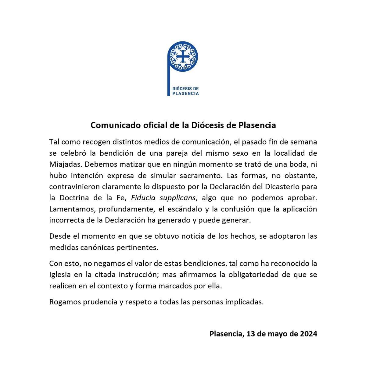 Comunicado oficial del Obispado de Coria-Cáceres.