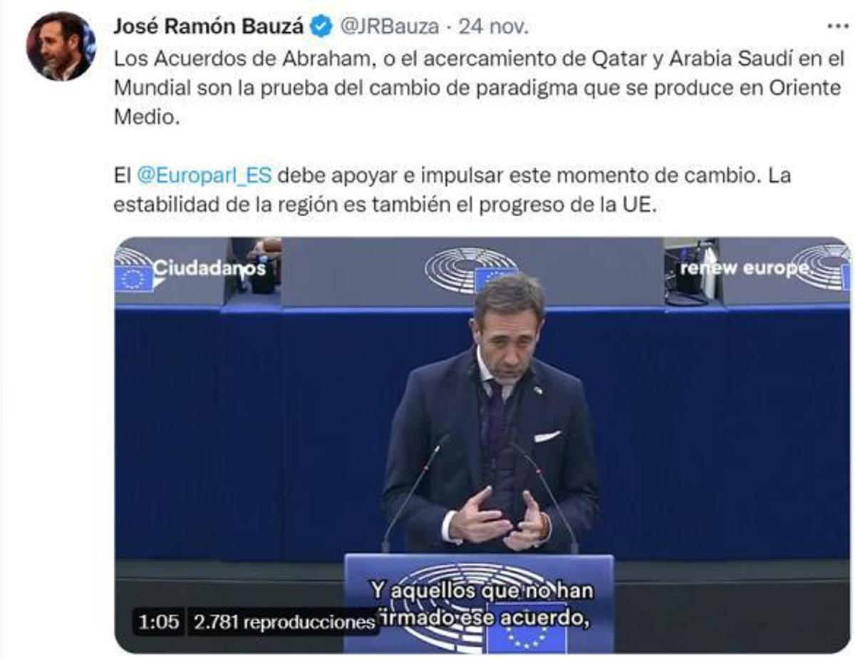En la imagen un tuit con su intervención en la Eurocámara defendiendo la apertura de Qatar. | J.R.B.