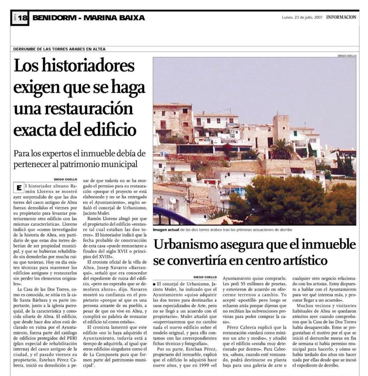 Articulo sobre el derribo de la Casa de las Dos Torres (23 07 2001)